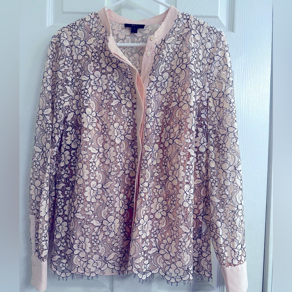 J. Crew Black & Pink Lace Boxy Blouse with Mandarin Collar